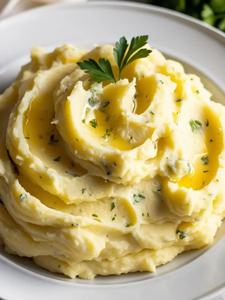 A plate of fluffy mashed potatoes. The potatoes are light and airy, with a creamy texture. They are topped with a sprig of parsley and drizzled with melted butter. The image evokes the comforting aroma of warm potatoes and the promise of a delicious side dish.