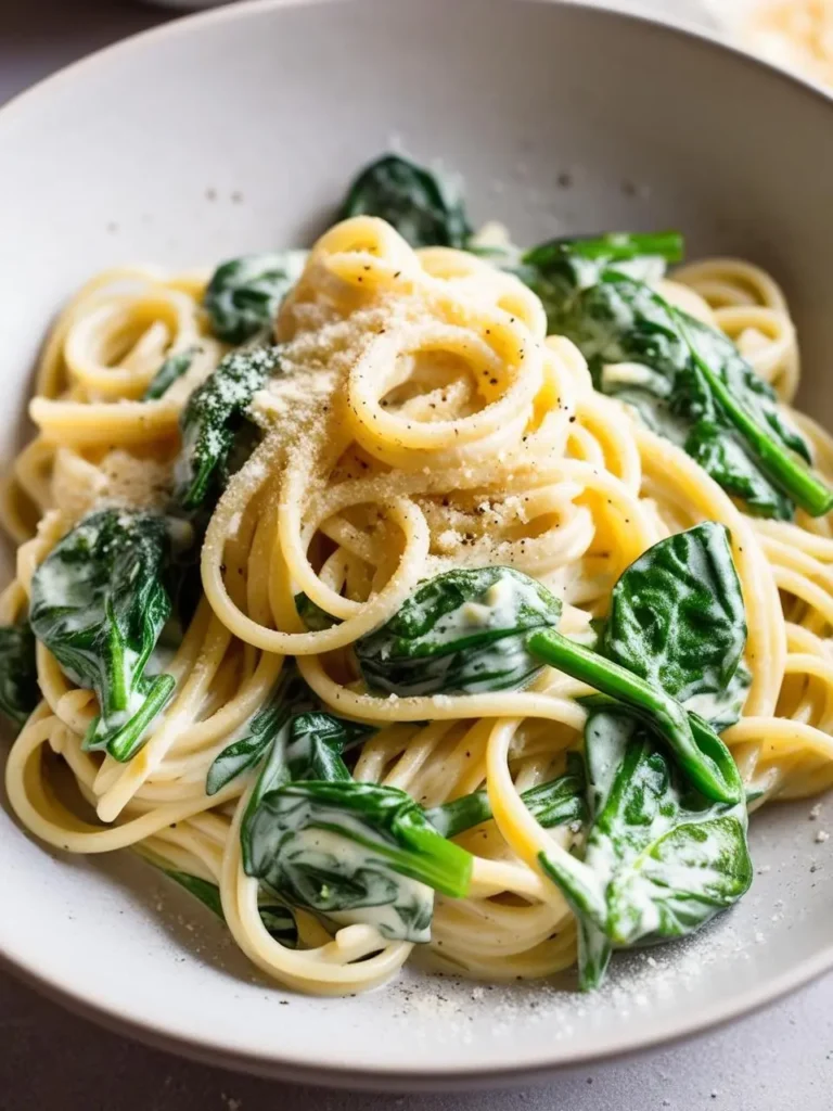 A bowl of creamy spinach pasta. The pasta is coated in a rich, creamy sauce and mixed with fresh spinach. The dish is garnished with grated Parmesan cheese, adding a touch of flavor and texture. The image evokes the aroma of garlic and the promise of a delicious and satisfying meal.