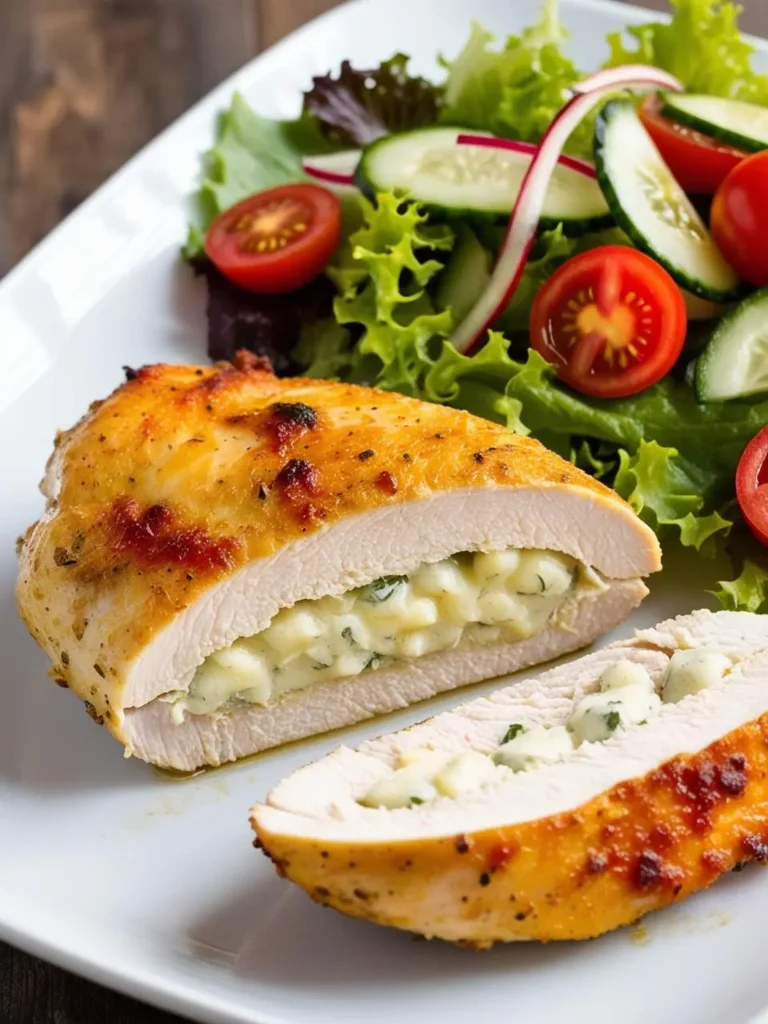 A plate of pan-seared chicken breasts, cut open to reveal a creamy stuffing. The chicken is golden brown and crispy on the outside, with a tender and juicy interior. A side salad of fresh greens, tomatoes, and cucumbers completes the dish. The image evokes the aroma of savory spices and the promise of a delicious and healthy meal.