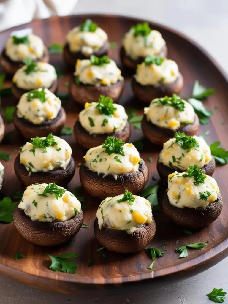 A platter of savory stuffed mushrooms. Each mushroom cap is filled with a creamy cheese mixture and topped with a sprinkle of fresh parsley. The mushrooms look incredibly appetizing and perfect for a party or gathering.