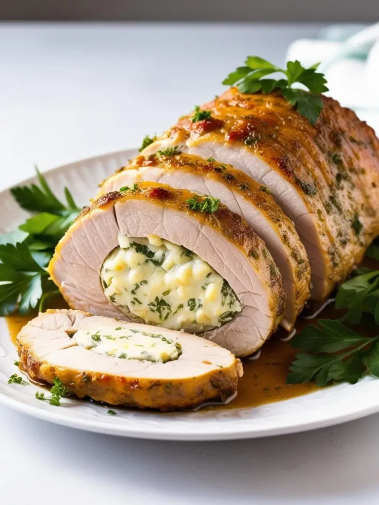 A roasted pork tenderloin stuffed with a creamy cheese and herb filling. The tenderloin is sliced and arranged on a platter, revealing the delicious stuffing. The image evokes the aroma of savory spices and the promise of a delicious and satisfying meal.