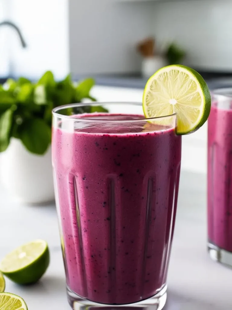 a close-up shot of a glass filled with a vibrant purple smoothie, garnished with a lime slice, sitting on a marble countertop. another glass with the same smoothie is slightly blurred in the background. lime halves are scattered around the glass, suggesting the smoothie's refreshing ingredients