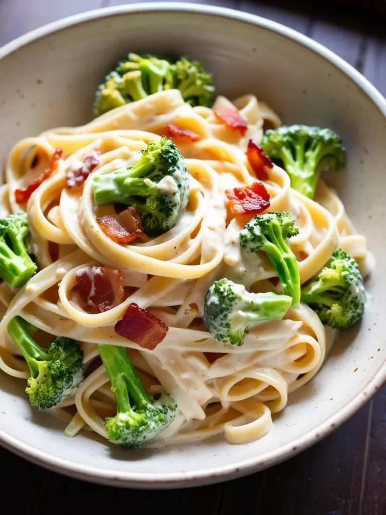 A bowl of creamy fettuccine alfredo, loaded with florets of broccoli and crispy bacon bits. The pasta is coated in a rich, buttery sauce and garnished with fresh parsley. The image evokes the comfort and warmth of a hearty and satisfying pasta dish.