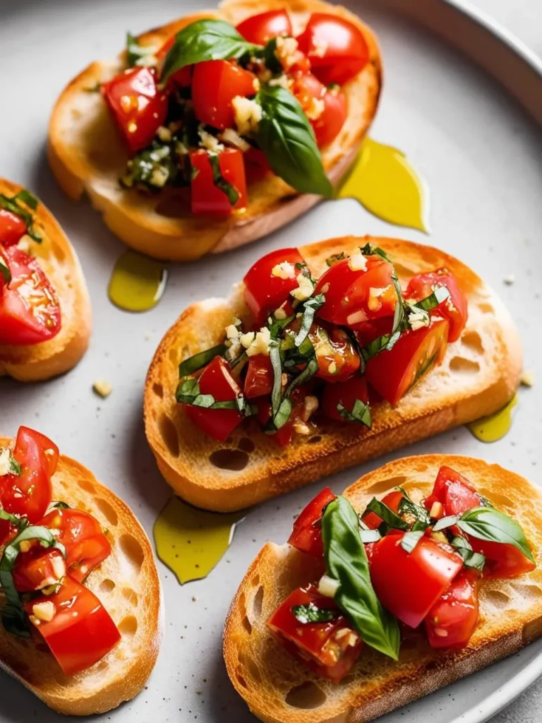 A plate of classic Bruschetta. Toasted bread is topped with juicy tomatoes, fresh basil, minced garlic, and a drizzle of olive oil. The image evokes the vibrant colors and fresh flavors of this simple yet delicious Italian appetizer.