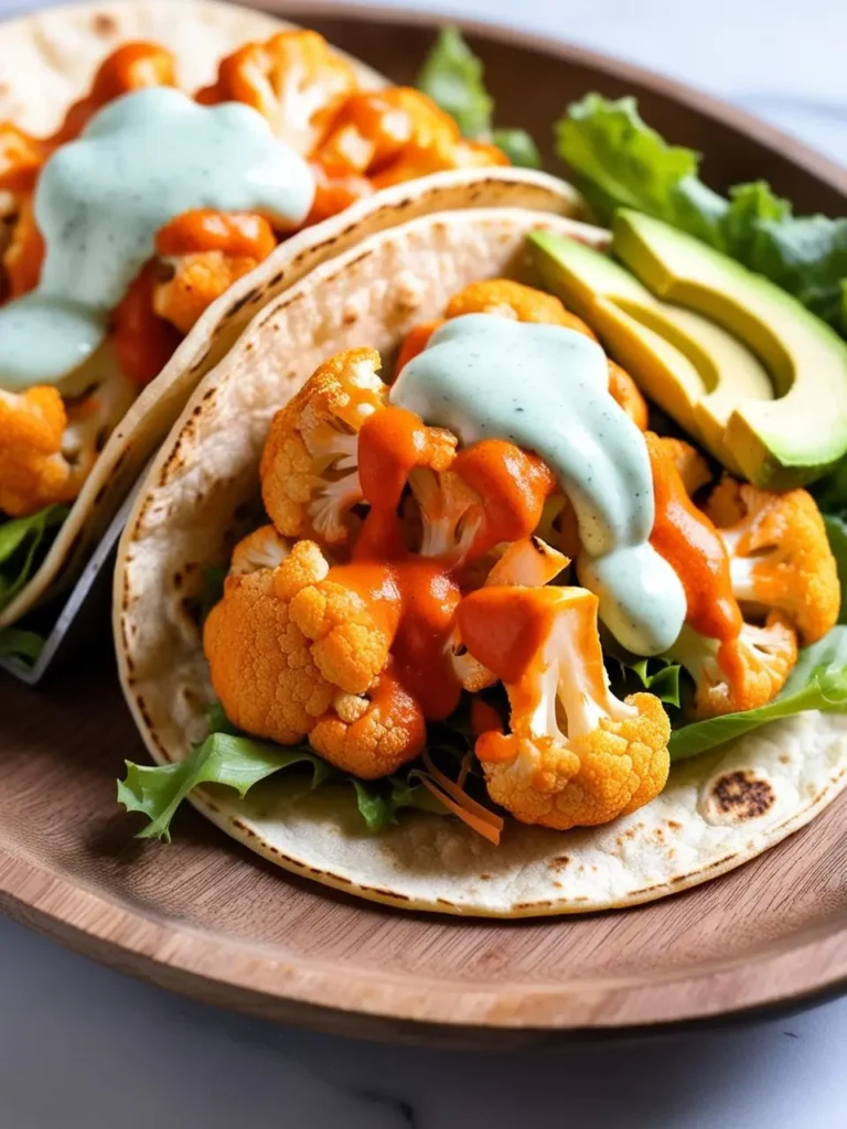 Two delicious-looking buffalo cauliflower tacos. Each taco is filled with crispy, spicy cauliflower florets, topped with a creamy green sauce, and garnished with fresh lettuce and avocado slices. The image evokes the flavors of a spicy and satisfying vegetarian dish.