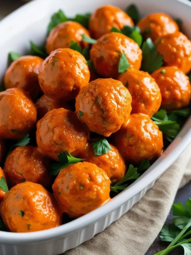 A platter of juicy, golden-brown meatballs coated in a vibrant red sauce. The meatballs are nestled on a bed of fresh parsley, creating a visually appealing and appetizing dish. The image evokes the aroma of savory spices and the promise of a flavorful and satisfying meal.