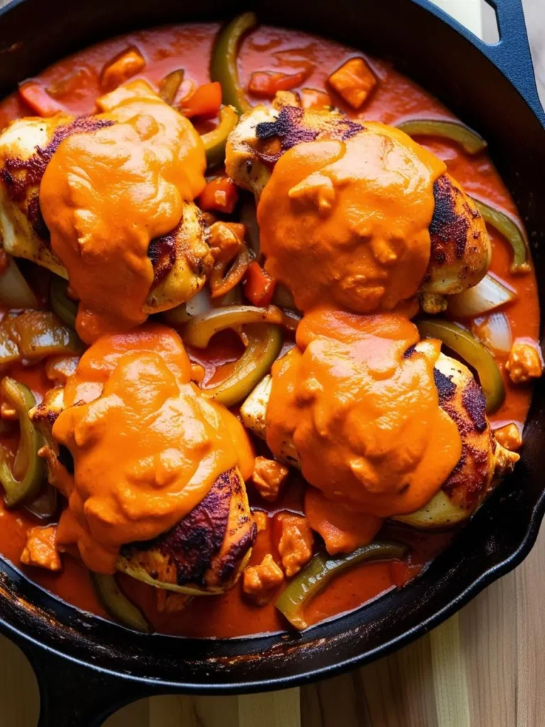 A cast-iron skillet filled with a vibrant and flavorful dish. Chicken breasts are smothered in a rich, orange-colored sauce, likely a spicy chili or paprika-based sauce. The dish is accompanied by colorful vegetables like peppers and onions. This image evokes the aroma of spices and the promise of a delicious and satisfying meal.