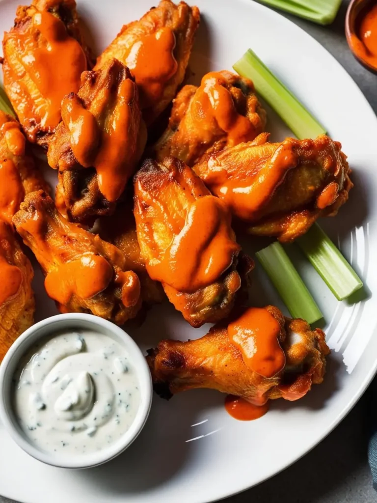 A plate of crispy, golden-brown chicken wings smothered in a vibrant orange hot sauce. Celery sticks and a bowl of creamy dip sit alongside, ready to be enjoyed. The image evokes the spicy, flavorful, and satisfying nature of this classic game-day food.