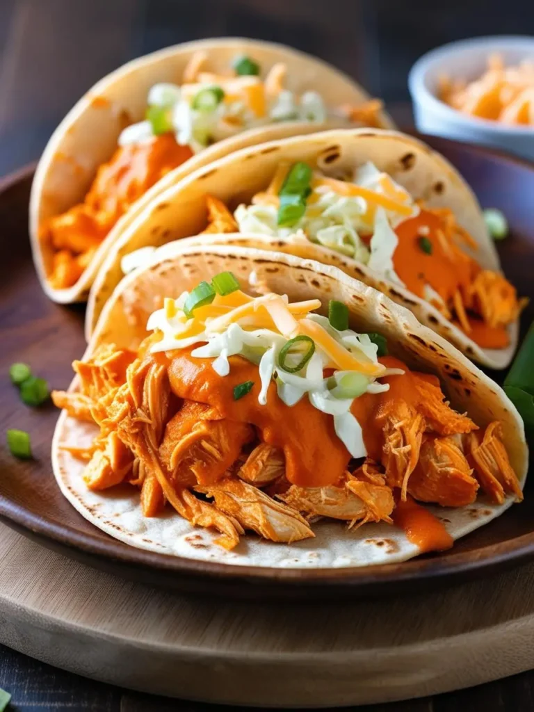 three tacos filled with pulled chicken, shredded cabbage, and a creamy orange sauce sit on a wooden plate. the chicken is shredded and coated in the sauce, and the cabbage adds a fresh crunch. a small bowl with shredded cheese is visible in the background. the tacos appear to be flavorful and well-filled