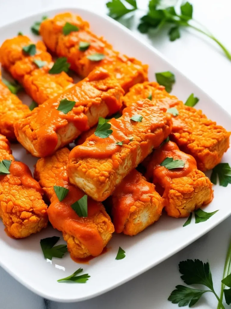 a white plate holds several cooked tofu sticks, coated in a bright orange sauce and garnished with parsley. the tofu sticks are arranged loosely, and the sauce adds a glossy sheen. the plate sits on a light surface, and the tofu appears to be crispy and flavorful. the image is shot from above