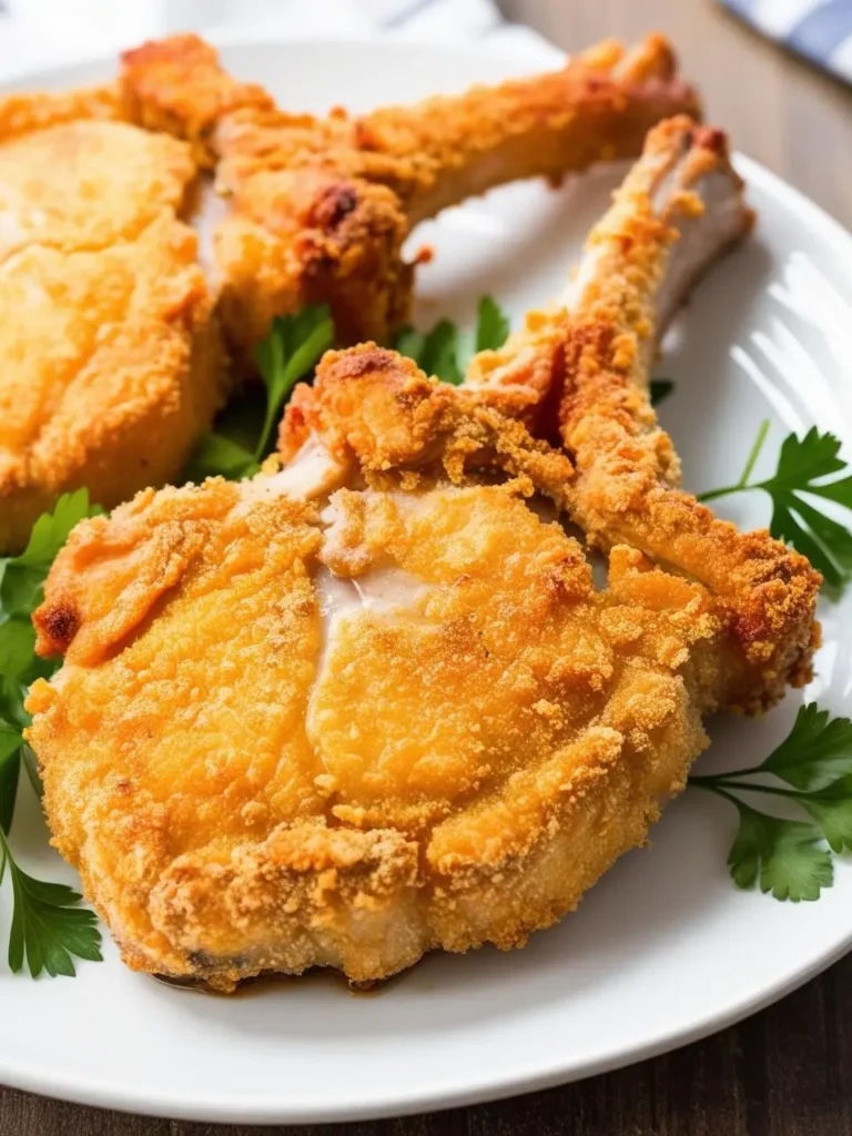 Two crispy, golden-brown pork chops on a white plate, garnished with fresh parsley. The chops are bone-in and appear thick and juicy. A blue and white striped cloth is visible in the background. The image suggests a simple, home-cooked, and satisfying meal.