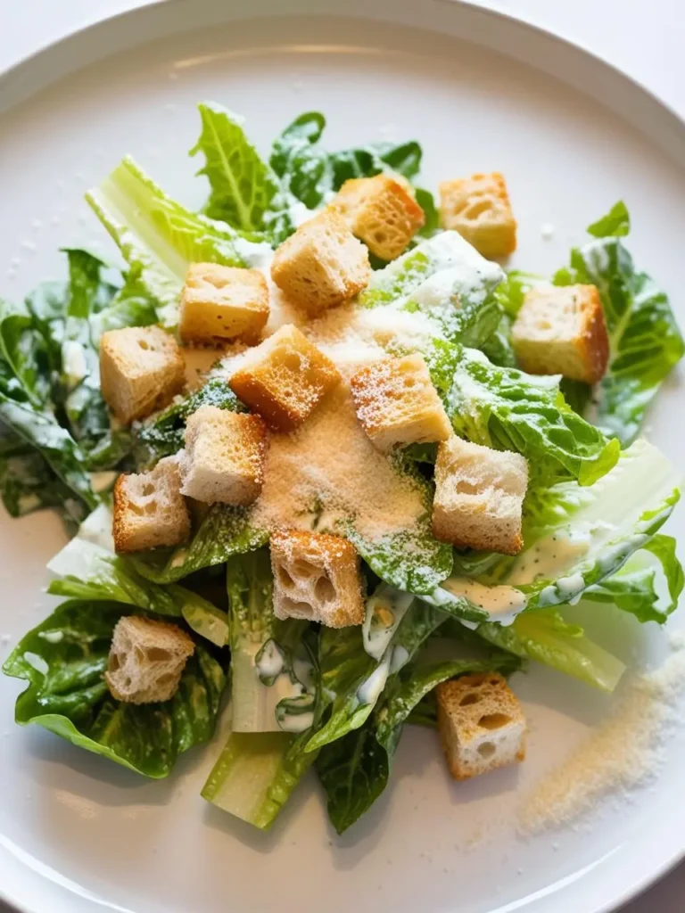 a caesar salad on a white plate. the salad includes romaine lettuce leaves, croutons, and parmesan cheese. a creamy dressing is drizzled over the salad. the croutons are golden brown and cubed. the lettuce leaves are green and crisp. the cheese is grated and sprinkled. the plate is round and white