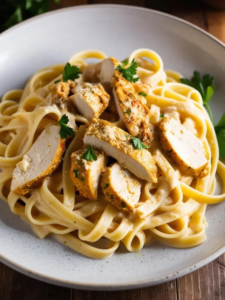 A plate of creamy fettuccine alfredo, topped with slices of seasoned and pan-fried chicken. The pasta is coated in a rich, buttery sauce and garnished with fresh parsley. The image evokes the comfort and warmth of a delicious Italian meal.