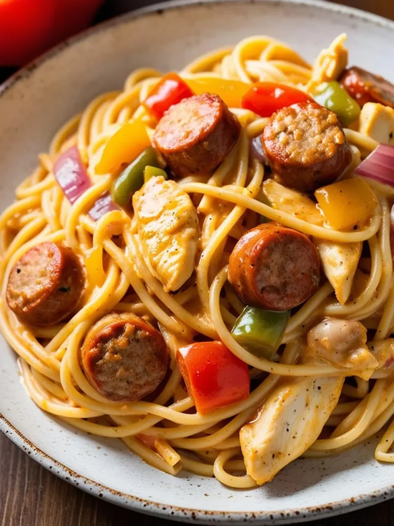 a plate of spaghetti with chicken and sausage, featuring pieces of chicken, sliced sausage, red and yellow peppers, and red onion. the pasta is coated in a light sauce, and the ingredients are arranged loosely. the plate sits on a wooden surface, and the pasta appears to be flavorful and well-made