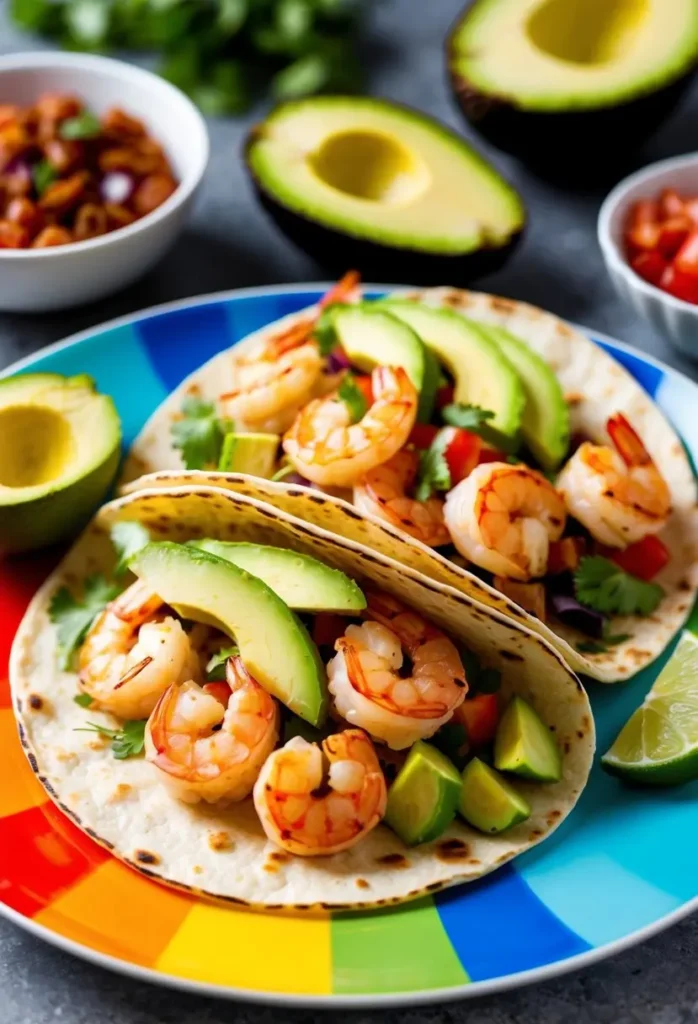 two shrimp tacos on a colorful plate. the tacos include cooked shrimp, avocado slices, cilantro, lime wedges, and red cabbage on tortillas. avocado halves and small bowls are visible around the plate. the shrimp are pink and curled. the avocado is green and sliced. the tortillas are light. the plate is brightly colored