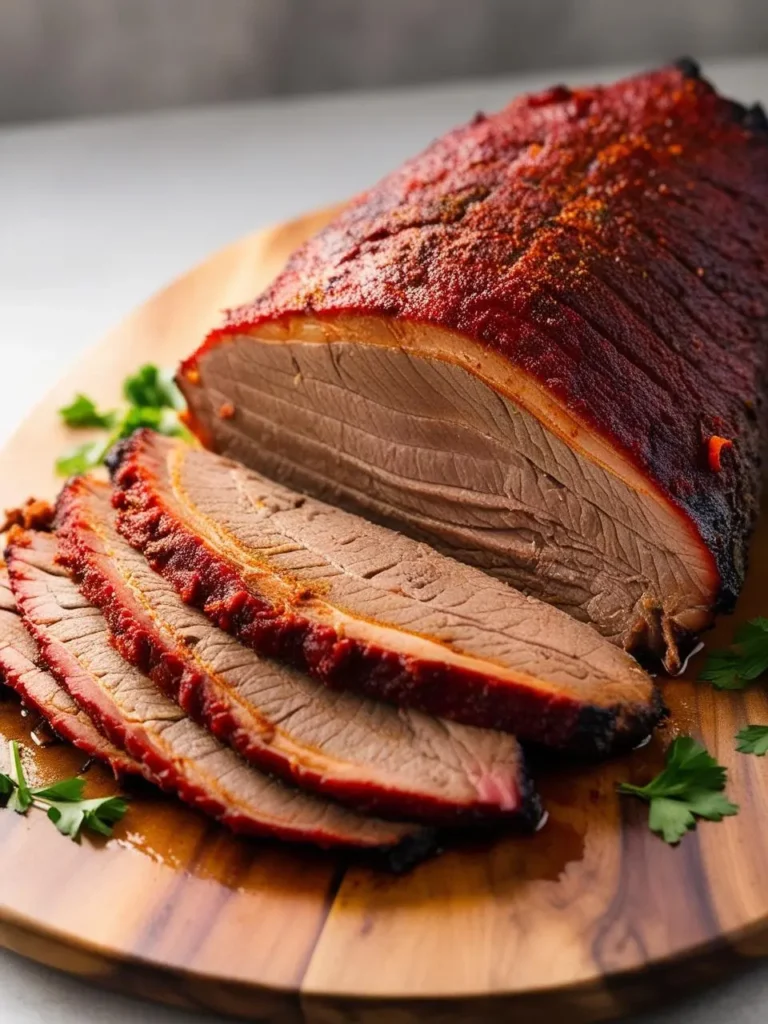 A perfectly smoked brisket, sliced and served on a wooden board. The brisket has a dark, mahogany crust and is sliced to reveal its tender, juicy interior. The image evokes the aroma of smoky barbecue and the promise of a delicious meal.