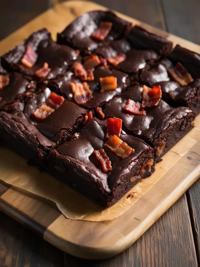 A plate of rich, fudgy brownies topped with crispy bacon bits. The contrast of sweet and savory is mouthwatering, making these brownies an unexpected and delicious treat.