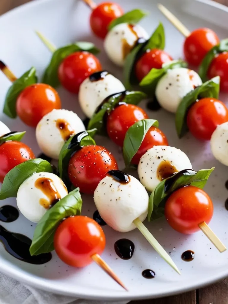 A plate of colorful Caprese skewers. Each skewer features alternating cherry tomatoes, fresh mozzarella pearls, and basil leaves, drizzled with balsamic glaze. The image evokes the freshness and vibrant flavors of this classic Italian appetizer.