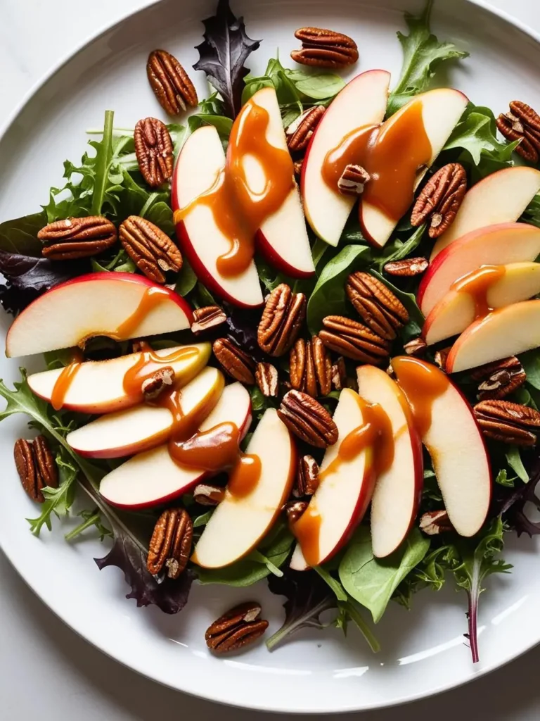 a plate with apple slices, pecans, and greens. the apple slices are arranged in a circular pattern and drizzled with caramel sauce. the pecans are scattered around the apples and greens. the greens are a mix of light and dark leaves. the plate is white and round. the background is light