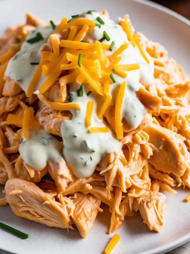 a white plate holds a mound of shredded chicken, topped with shredded cheddar cheese, a creamy white sauce, and chopped chives. the chicken is shredded and arranged loosely, and the toppings add a vibrant color and creamy texture. the plate sits on a light surface, and the chicken appears to be tender and flavorful