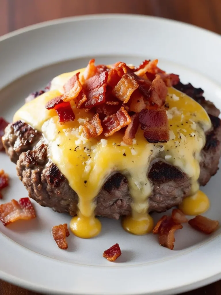 a white plate holds a hamburger steak, browned and topped with melted cheese and crumbled bacon. the steak is thick and appears juicy, and the toppings add a savory element. the plate sits on a wooden surface, and the steak appears to be flavorful and well-made. pieces of bacon are scattered around the plate