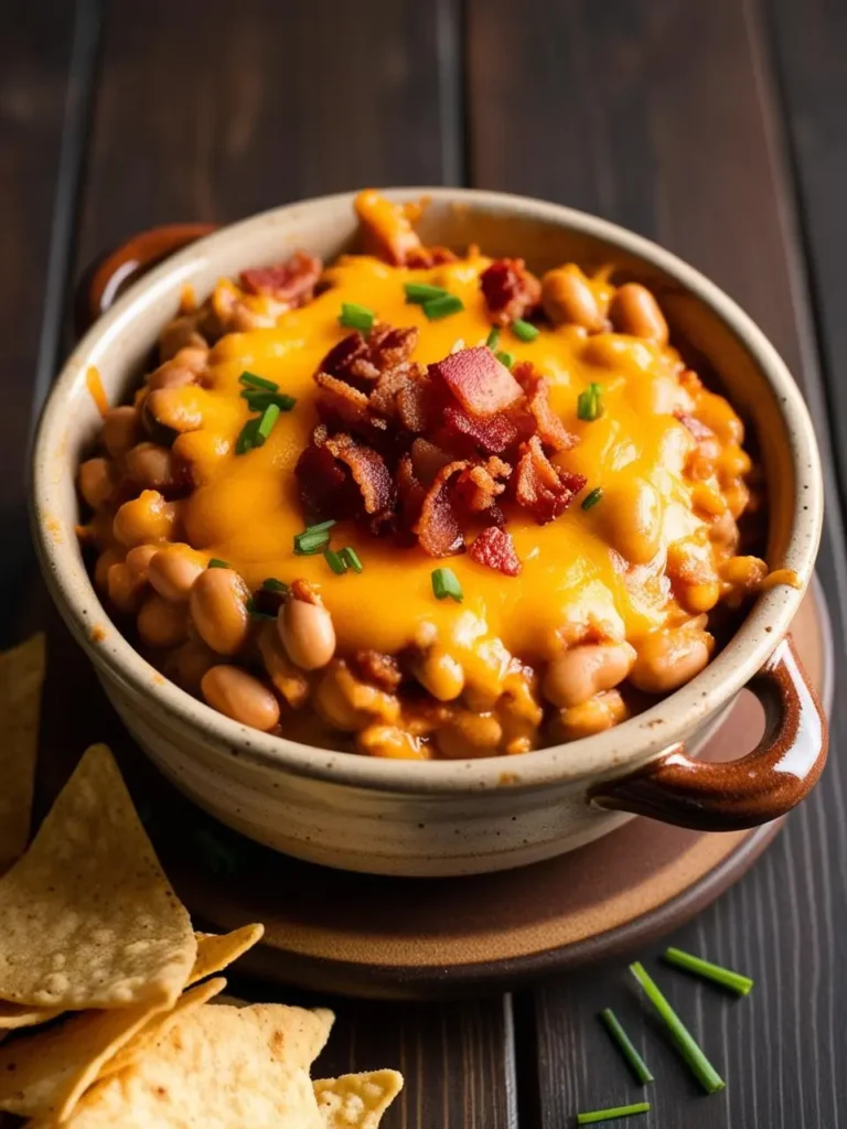 a brown bowl filled with baked beans, topped with melted cheddar cheese, crumbled bacon, and chopped chives, sits on a wooden surface. tortilla chips are arranged around the bowl. the baked beans have a rich, brown color, and the toppings add a savory contrast. the image is shot from a low angle