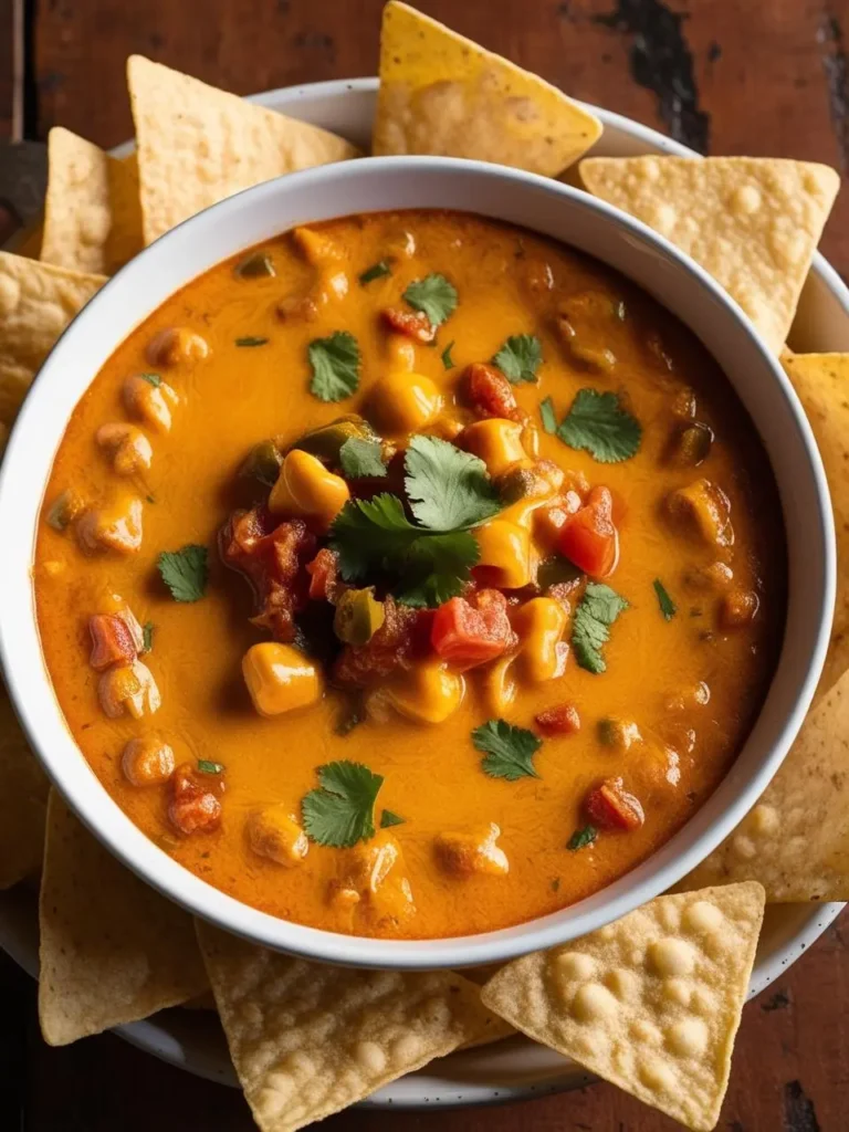 A bowl of creamy, orange-colored dip. The dip is topped with chopped tomatoes, cilantro, and what looks like corn or beans. Tortilla chips are scattered around the bowl, ready for dipping. The dip looks rich, flavorful, and perfect for sharing.