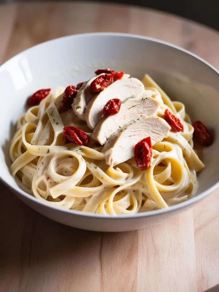 A bowl of creamy fettuccine alfredo, topped with slices of grilled chicken and sun-dried tomatoes. The pasta is coated in a rich, buttery sauce and garnished with fresh parsley. The image evokes the comfort and warmth of a delicious Italian meal.