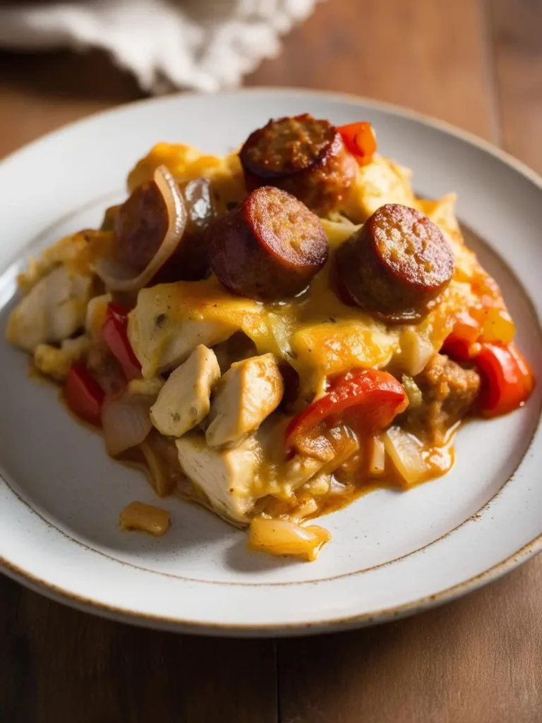 a white plate holds a serving of chicken and sausage casserole, featuring pieces of chicken, sliced sausage, red peppers, and onions, all coated in a light sauce. the dish is arranged loosely, and the plate sits on a wooden surface. a white cloth is visible in the top left corner