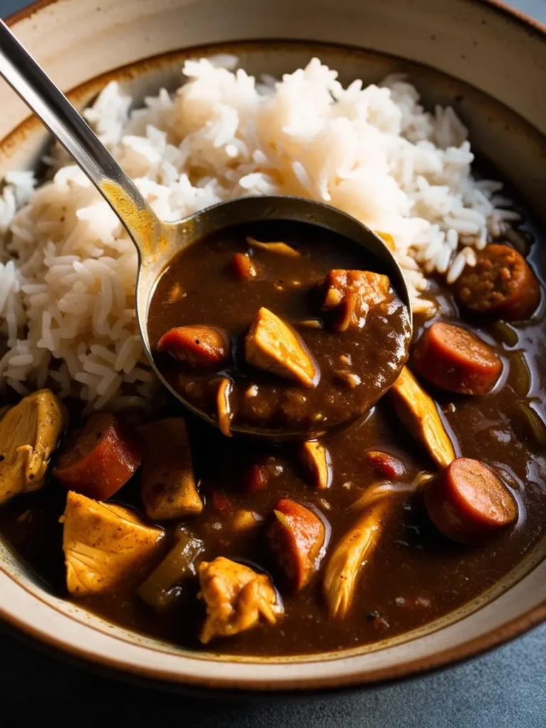 a bowl holds gumbo with chicken and sausage, alongside a scoop of white rice. a metal ladle scoops a portion of the gumbo, showcasing its dark, rich broth and chunky ingredients. the gumbo appears to be hearty and flavorful, and the image focuses on the texture and presentation of the dish