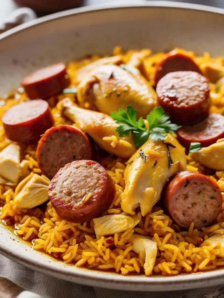 a bowl filled with chicken and sausage jambalaya, featuring pieces of chicken and sliced sausage mixed with yellow rice. the dish is garnished with parsley. the jambalaya has a rich, yellow color, and the ingredients are arranged loosely. the bowl sits on a light surface with a gray cloth