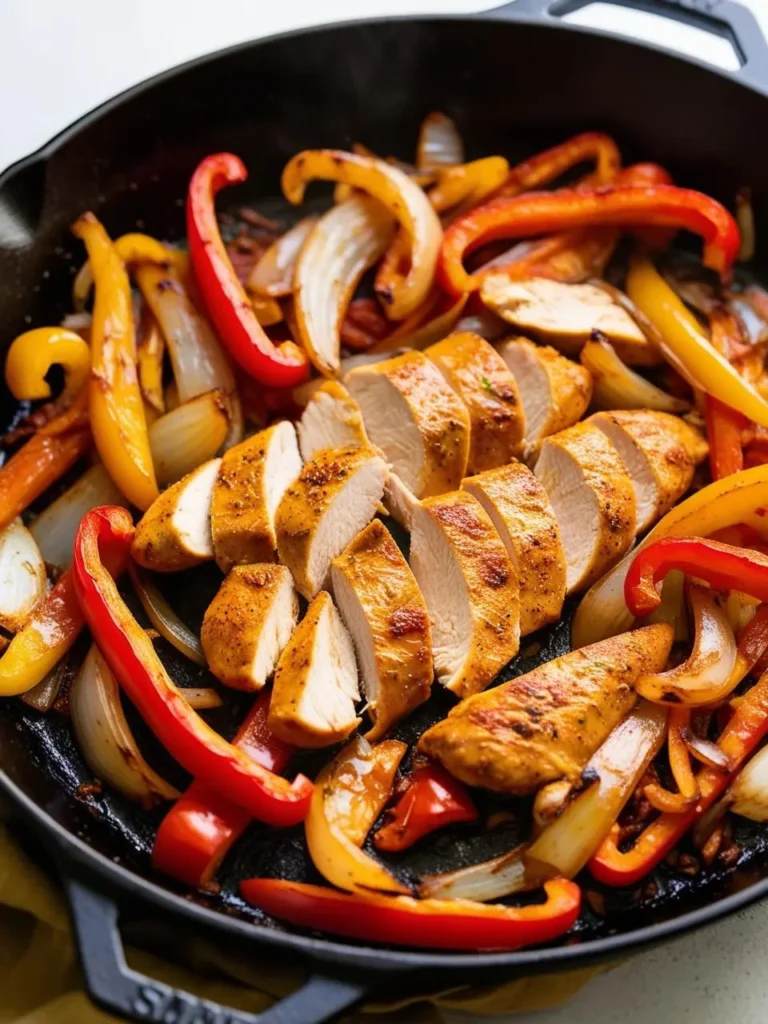 A cast-iron skillet filled with sizzling fajita ingredients. Sliced chicken breasts are nestled amongst colorful bell peppers and onions, all cooked to perfection. The image evokes the aroma of spices and the promise of a delicious and satisfying meal.