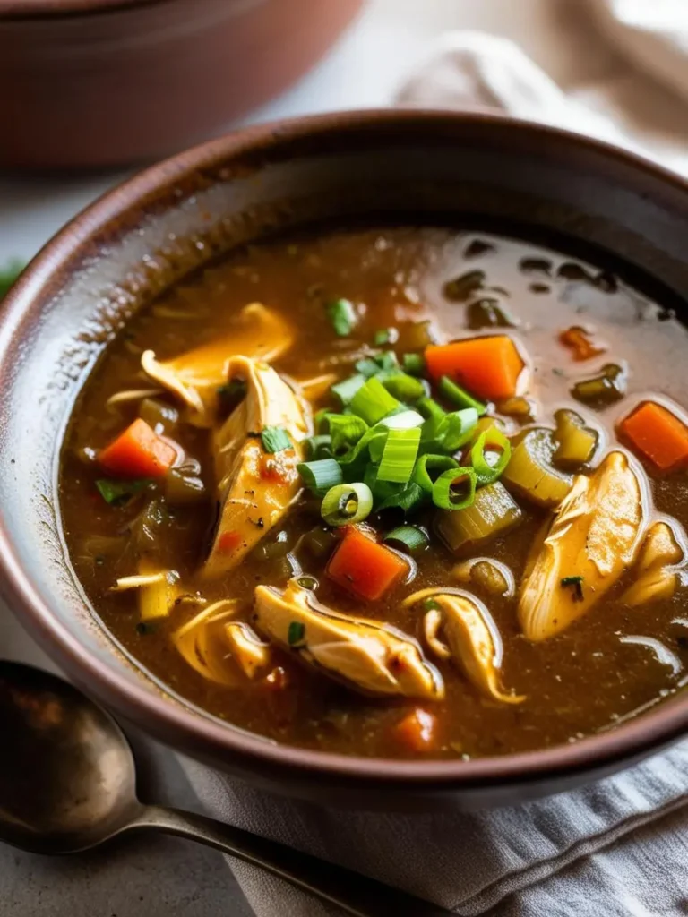 A bowl of hearty chicken soup. The soup is filled with tender shredded chicken, vegetables like carrots and celery, and a rich, golden broth. The image evokes the aroma of simmering broth and the promise of a warm and comforting meal.