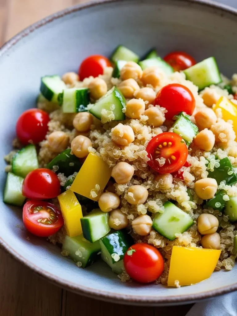 A vibrant quinoa salad with a mix of colorful ingredients. The salad features fluffy quinoa, chickpeas, chopped cucumbers, cherry tomatoes, and bell peppers. The image evokes the freshness of the ingredients and the promise of a light and healthy meal.