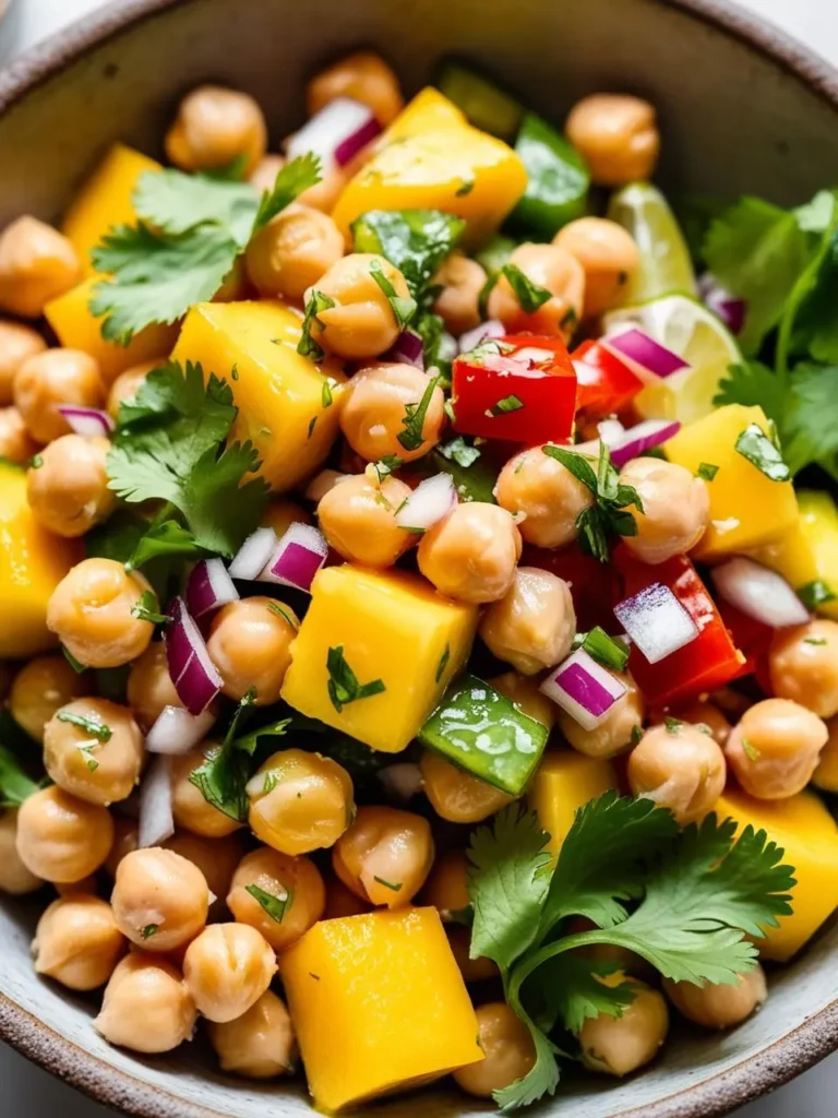 A vibrant mango chickpea salad. The salad is a colorful mix of chickpeas, diced mango, red onion, and fresh cilantro. The image evokes the freshness of the ingredients and the promise of a light and healthy meal.