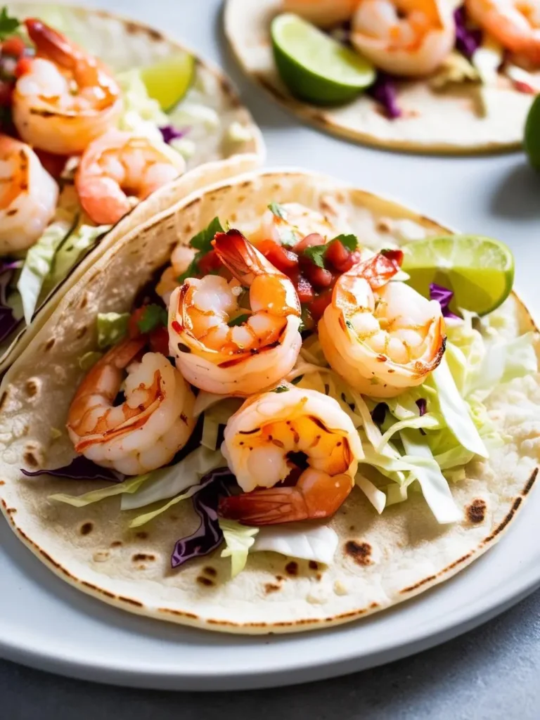 three shrimp tacos on light plates. the tacos include cooked shrimp, shredded cabbage, and lime wedges on tortillas. the shrimp are pink and curled. the cabbage is white and shredded. the lime wedges are bright green. a red salsa is visible on one taco. the plates are round and light