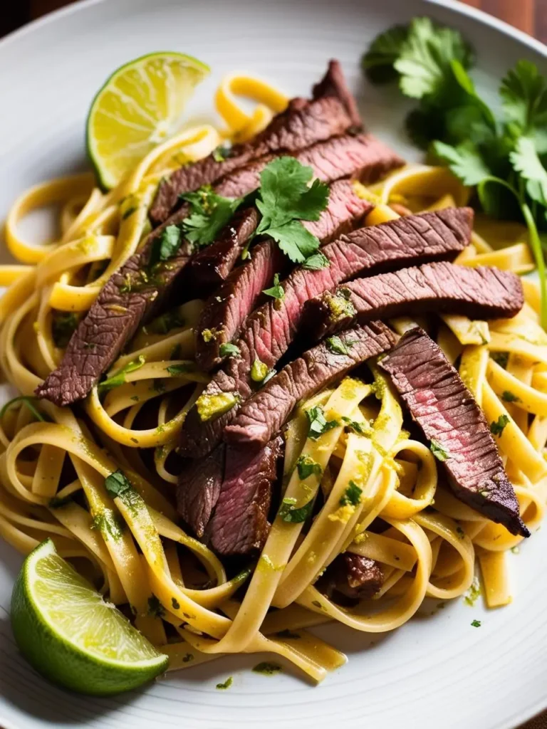 A plate of fettuccine pasta coated in a vibrant green sauce, likely pesto. Slices of perfectly grilled steak are arranged on top, adding a touch of protein and color. Lime wedges and fresh cilantro garnish the dish, suggesting a zesty and flavorful experience.