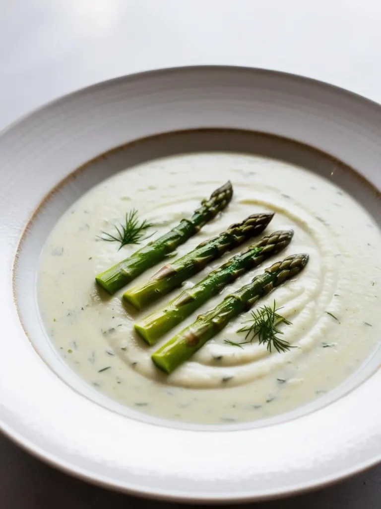 A bowl of creamy asparagus soup, topped with roasted asparagus spears. The soup has a smooth, pale green color and is garnished with fresh dill. The image evokes the freshness of spring and the promise of a light and flavorful meal.