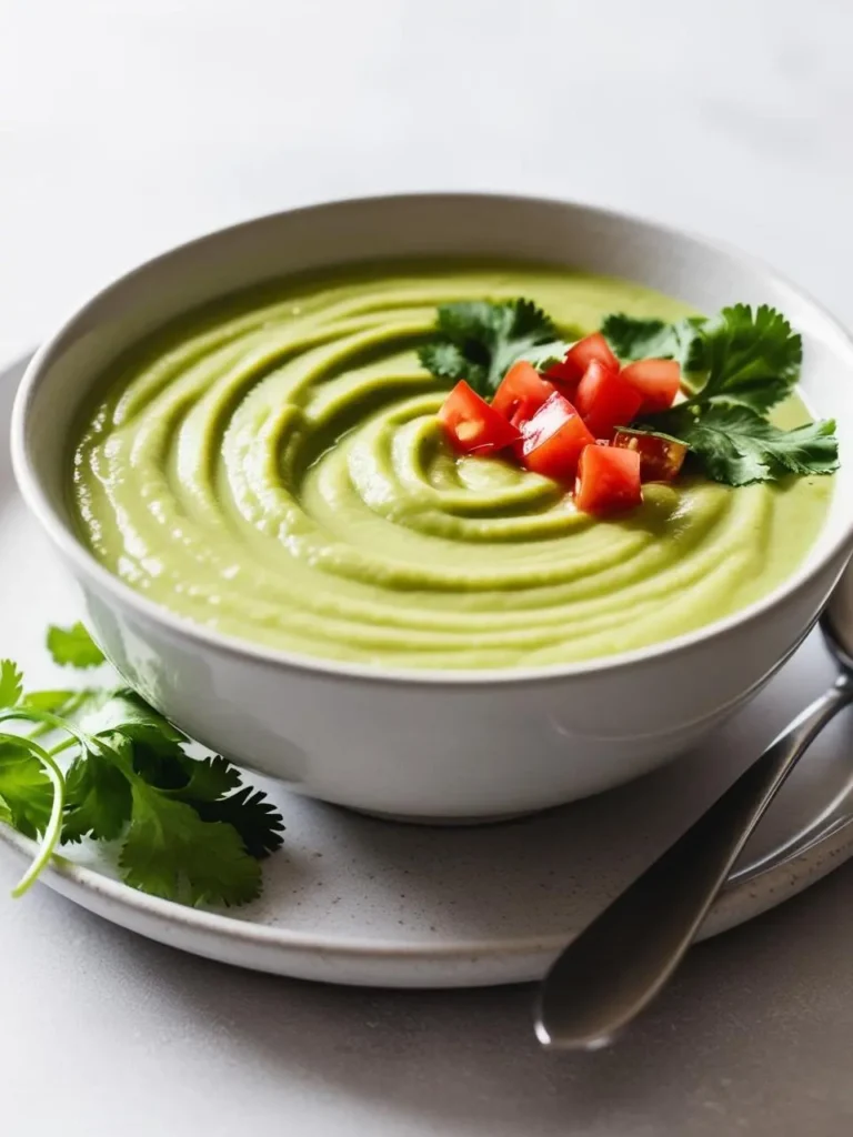 A bowl of creamy avocado soup. The soup is a vibrant green color, garnished with diced tomatoes and fresh cilantro. The image evokes the freshness of the ingredients and the promise of a light and healthy meal.