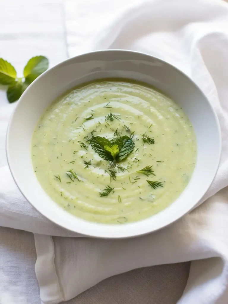 A bowl of creamy, pale green soup garnished with fresh mint leaves and a sprinkle of dill. The soup has a smooth texture and a light, refreshing color. The image evokes the freshness of a summer meal.