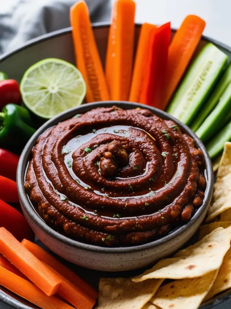 a gray bowl filled with bean dip, swirled and garnished with parsley, sits on a dark surface. carrot sticks, red pepper strips, cucumber slices, tortilla chips, and a lime half surround the bowl. the dip has a rich, brown color, and the vegetables add a vibrant contrast. the image is shot from above