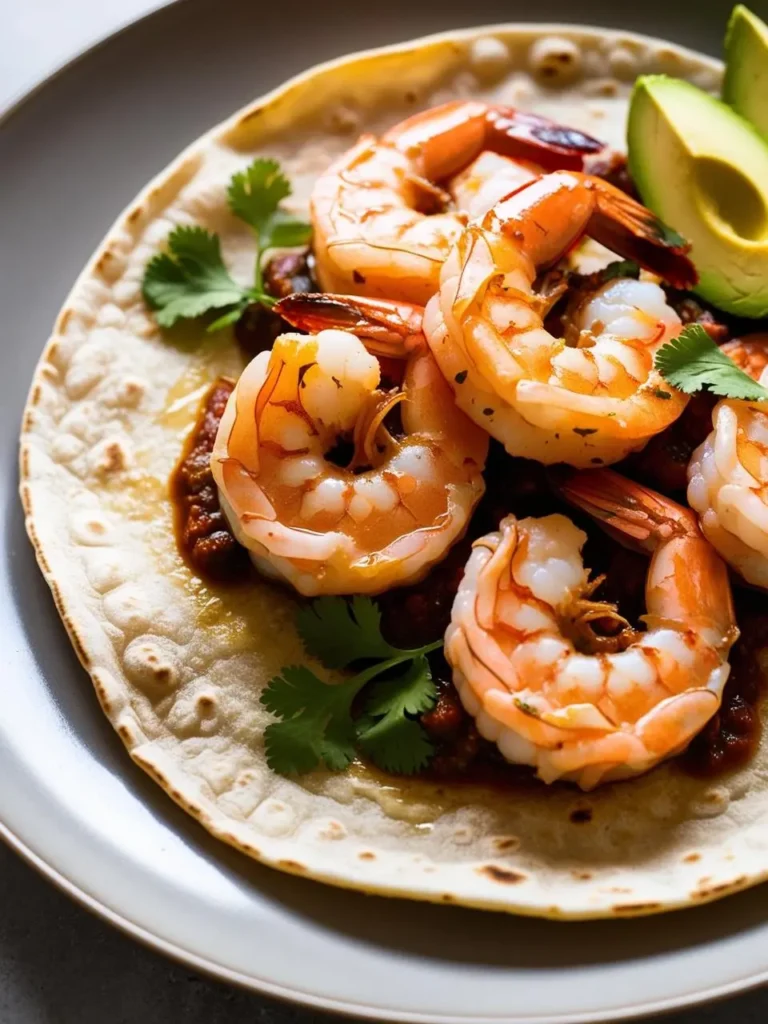 a shrimp taco on a gray plate. the taco includes cooked shrimp, a red sauce, cilantro, and avocado slices on a tortilla. the shrimp are pink and curled. the avocado is green and sliced. the tortilla is light and has grill marks. the plate is round and gray. the background is light