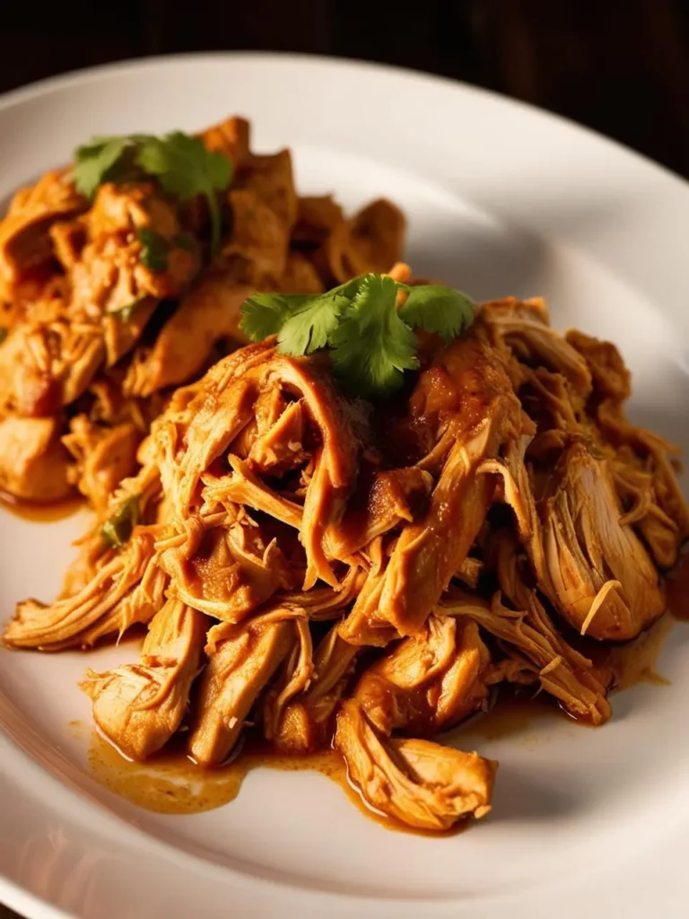 a white plate holds two servings of pulled chicken, coated in a dark sauce and garnished with cilantro. the chicken is shredded and arranged loosely, and the sauce adds a glossy sheen. the plate sits on a dark surface, and the chicken appears to be tender and flavorful. the image is shot from above