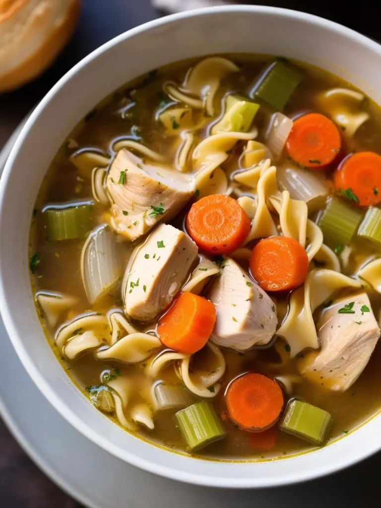 A bowl of classic chicken noodle soup. The broth is golden and filled with tender chicken pieces, carrots, celery, and egg noodles. The image evokes the aroma of simmering broth and the promise of a warm and comforting meal.