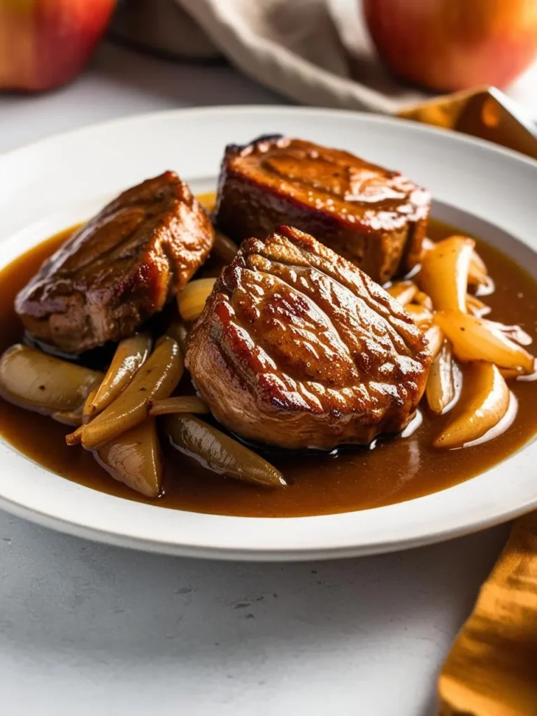 a white plate holds three cooked pork medallions, browned and glistening, in a light brown sauce with cooked apple slices. the medallions are arranged loosely, and the apple slices add a sweet element to the dish. the plate sits on a light surface, and two apples are blurred in the background