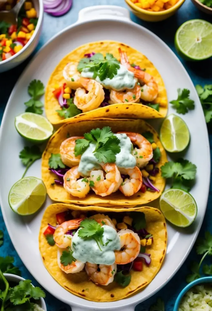 three shrimp tacos on a white oval plate. the tacos include cooked shrimp, corn, red cabbage, and a creamy green sauce on yellow tortillas. lime wedges and cilantro sprigs are scattered around the plate. small bowls with ingredients are visible in the corners. the background is a blue surface