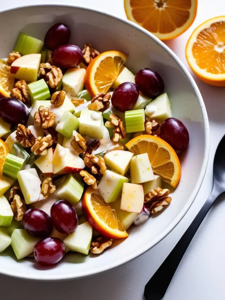 A vibrant Waldorf salad with a twist! It's a mix of diced apples, celery, grapes, and walnuts, but this version adds a burst of citrus with fresh orange segments. The salad is lightly dressed and looks light and refreshing. The image evokes the freshness of the ingredients and the promise of a delicious and healthy meal.