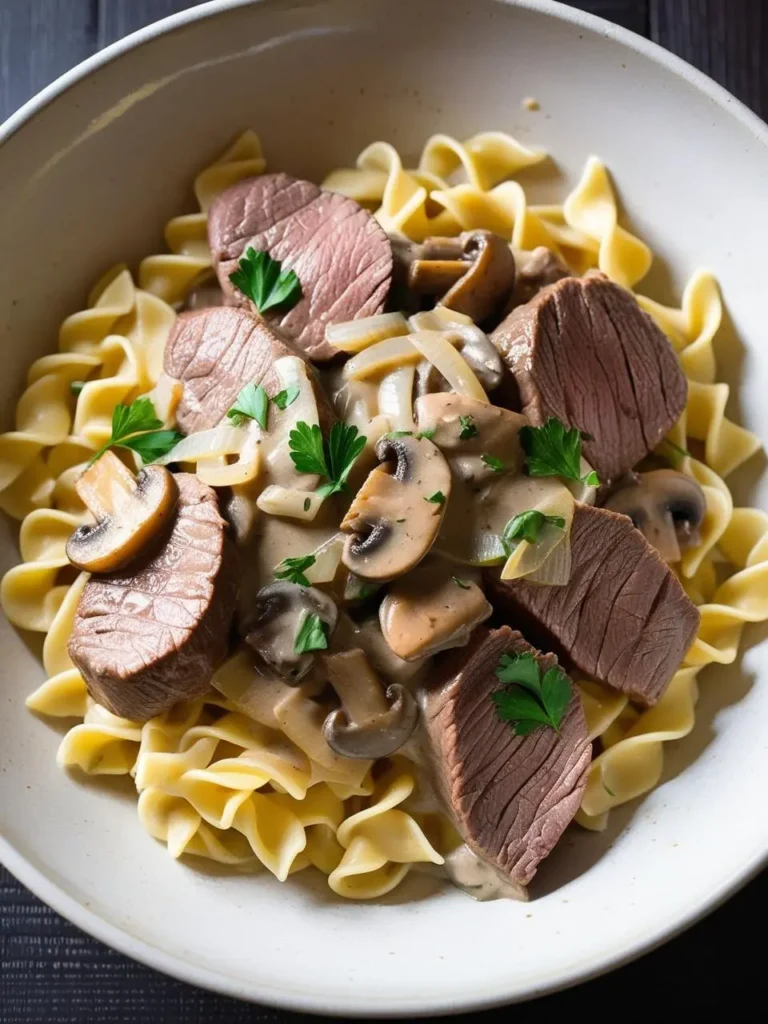 A bowl of creamy beef stroganoff. Tender pieces of beef are simmered in a rich, creamy sauce with sliced mushrooms and egg noodles. The dish is garnished with fresh parsley, adding a touch of freshness and color. The image evokes the aroma of savory spices and the promise of a warm and comforting meal.