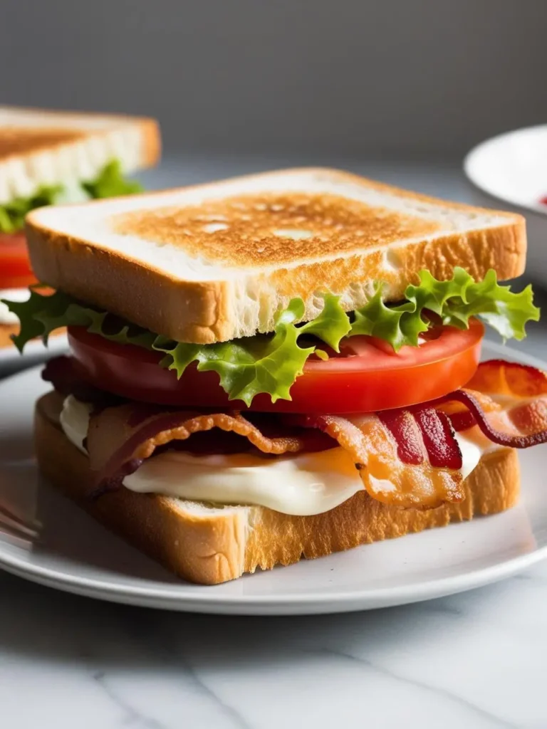 A classic BLT sandwich on a white plate. The sandwich is made with crispy bacon, juicy tomato slices, crisp lettuce, and mayonnaise on toasted bread. The image evokes the freshness of the ingredients and the promise of a delicious and satisfying meal.