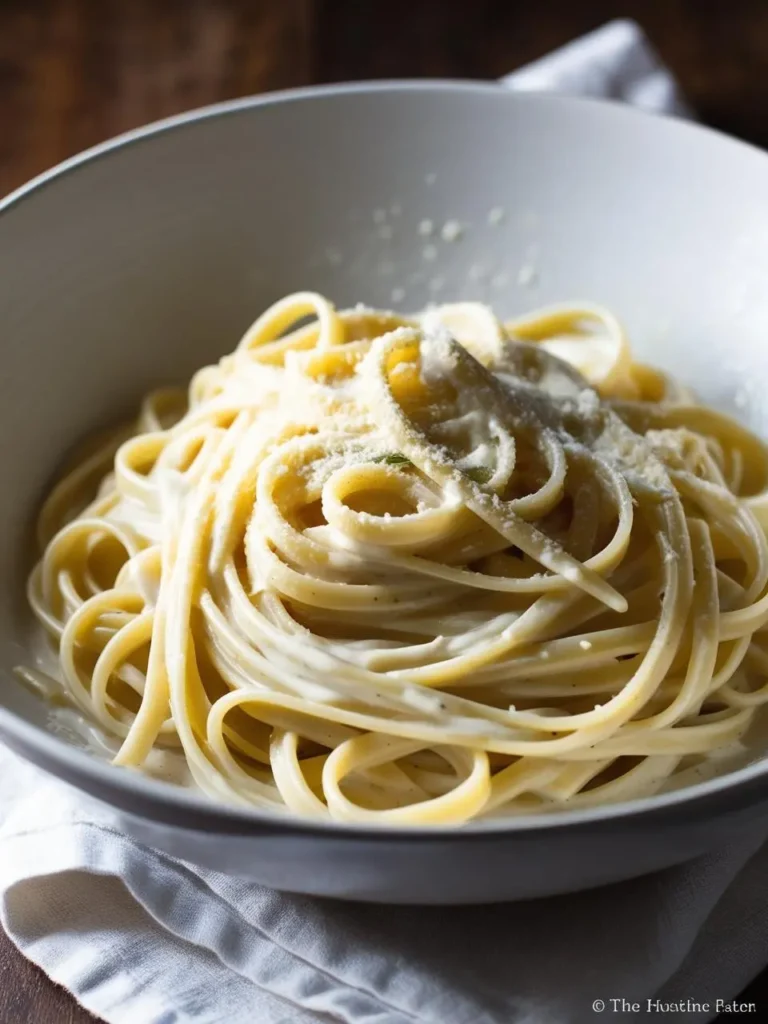 A bowl of creamy fettuccine alfredo, coated in a rich, buttery sauce. The pasta is garnished with freshly grated Parmesan cheese. The image evokes the comfort and warmth of a classic Italian dish.